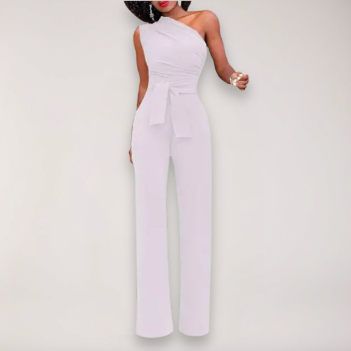 Women’s One Shoulder Jumpsuit – Draped Fit with Tie Waist Detail
