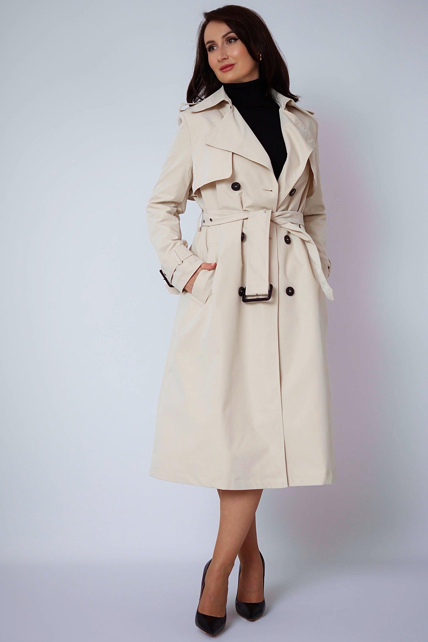 Women’s Classic Belted Trench Coat – Timeless Silhouette in Neutral Beige