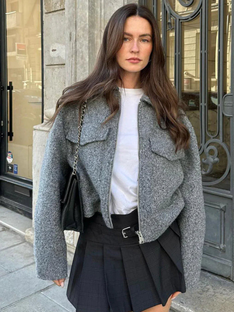 Grey Cropped Jacket – Soft Feel and Modern Silhouette